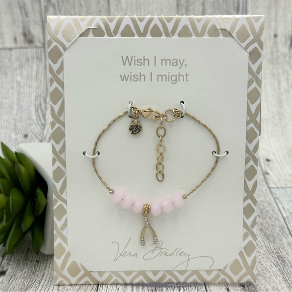 Vera Bradley Gold Beaded Wishbone Charm Dainty Clasp Chain Bracelet - Picture 1 of 4